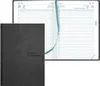 A black planner book is shown open, revealing its pages with a blue ribbon bookmark. Voir les images du produit