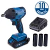 A cordless impact wrench, its charger, and three sockets are displayed against a white background. Produktbild-Vorschau