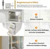 A collage of images showing a white bathroom vanity with gold hardware, highlighting its features and dimensions. Produktbild-Vorschau