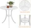 A white metal bistro set with a round table and two chairs, shown with a plant and a cup of tea on the table. Insets show close-ups of the tabletop and the base of the table. Produktbild-Vorschau