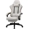 A beige and gray gaming chair with a footrest, shown from the front on a white background. Náhled obrázku produktu
