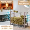 A metal firewood rack filled with logs, shown next to a fireplace with animated air currents indicating ventilation. Podgląd zdjęcia produktu