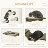 A collage of four images showcasing different components of a cat climbing wall set, each with a cat interacting with the product and a German label. Produktbild-Vorschau