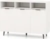 A white sideboard with three doors and three open shelves on top, resting on four black legs. Produktbild-Vorschau