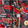 A collage of four images showing a toolboard wall with various tools and accessories organized on it. Produktbild-Vorschau