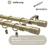 Close-up of a double curtain rod with rings and clips, with text overlays describing product features and delivery information. Produktbild-Vorschau