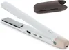 A white cordless hair straightener with a beige end and a brown protective case. Produktbild-Vorschau