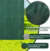 A close-up of dark green shade netting with text overlays describing its features and benefits, set against a blurred background of green grass and trees. Náhľad obrázku produktu