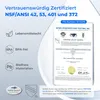 A marketing image showcasing certifications and features of a water filter. Podgląd zdjęcia produktu