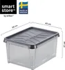 A transparent storage box with a gray lid, showing dimensions and branding. Produktbild-Vorschau
