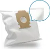 A white vacuum cleaner bag with a brown cardboard attachment is shown against a white background. A magnified view of the bag's stitching is highlighted in a blue circle. Produktbild-Vorschau