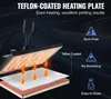 A heat press machine with its heating plate shown in operation, demonstrating even heat distribution and features like Teflon coating. Náhled obrázku produktu