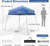 Diagram showing the dimensions and components of a blue pop-up canopy tent, with a silhouette of a person for scale. Produktbild-Vorschau