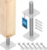 A wooden post is shown attached to a metal adjustable post base, with several other post bases and screws displayed. Produktbild-Vorschau