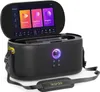 A black portable karaoke machine with a screen open, showing app icons. The machine has a strap and a glowing purple control knob. Anteprima dell’immagine prodotto
