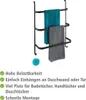 A black metal towel rack with three bars, holding two towels (one teal, one gray) and a small blue pom-pom accessory. Text highlights product features. Náhled obrázku produktu