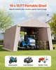 A portable shed is shown in a yard with a lawnmower inside. Below the shed are three smaller images of a motorcycle, a lawnmower, and garden tools. Anteprima dell’immagine prodotto