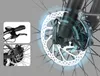 Close-up view of an electric bicycle's disc brake system, with inset images of the handlebars and rear brake. Voir les images du produit