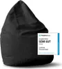A black beanbag chair is shown against a white background, with a small award badge in the lower right corner. Náhled obrázku produktu
