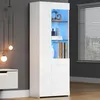 A tall, white, high-gloss display cabinet with glass shelves illuminated by blue LED lights. Produktbild-Vorschau