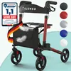 A red ELONEO rollator with a black seat and bag, shown with various color swatches on the right and a German flag ribbon and feathers on the left.