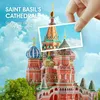 A hand holding a postcard of Saint Basil's Cathedral in front of a 3D puzzle model of the cathedral. Anteprima dell’immagine prodotto