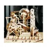 A wooden mechanical model of a marble run, with small metal marbles scattered on the surface in front of it. Voir les images du produit