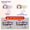 Diagrams showing compatible and incompatible dust bins for Dyson vacuum cleaners, with measurements and model numbers. Produktbild-Vorschau