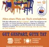 Illustration of people sitting at a table, with text and logos related to a food donation initiative. Anteprima dell’immagine prodotto