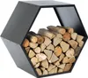 A hexagonal black metal log holder filled with firewood, presented on a white background. Podgląd zdjęcia produktu
