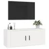 A white TV cabinet with a wall-mounted TV above it, decorated with a plant and small figurines. Voir les images du produit
