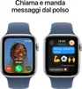 Two Apple Watches are shown side-by-side, displaying different app interfaces. The left watch shows a video call interface with a person's face, and the right watch shows a messaging interface with text and emojis. Produktbild-Vorschau