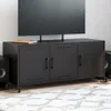 A black metal TV stand with three doors and wheels, placed on a patterned rug in front of a white wall. Anteprima dell’immagine prodotto