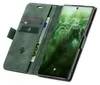 A green flip case for a smartphone, open to reveal card slots and a phone screen displaying the time and date. Produktbild-Vorschau
