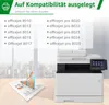 A printer is shown next to a list of compatible printer models and a chart with graphs. Produktbild-Vorschau