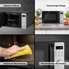 A collage of four images showcasing a microwave oven and its features. Produktbild-Vorschau