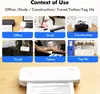 Collage of images showing different contexts of use for a portable printer, including office, study, construction, travel, tattoo, and tag life. Náhľad obrázku produktu