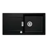 A black kitchen sink with a silver drain and a small silver knob on the left side. Produktbild-Vorschau