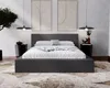 A modern bedroom with a dark gray upholstered bed, white bedding, and minimalist artwork. Náhľad obrázku produktu