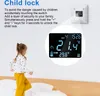 A child is shown near a bed, with a magnified view of a thermostat display on the wall. Produktbild-Vorschau