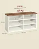 A shoe bench with storage compartments is displayed with dimensions and load capacity indicated. Produktbild-Vorschau