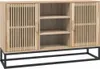 A wooden sideboard with slatted doors and black metal legs is shown against a white background. Náhled obrázku produktu