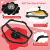 Collage of close-up shots and diagrams highlighting features of a red children's spinning chair. Produktbild-Vorschau