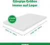 A white mattress is shown with dimensions and height indicated by text overlays and a green circle. Produktbild-Vorschau