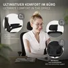 A woman is sitting in an office chair, smiling and looking at a laptop. The image highlights features of the chair with callouts. Produktbild-Vorschau