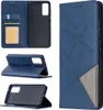 A collage of images showing a blue flip case for a Samsung Galaxy S20 FE phone from different angles, including its interior card slots and stand function. Produktbild-Vorschau