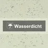 A close-up of a fabric surface with water droplets, overlaid with a dark gray rectangle containing an umbrella icon and the German word "Wasserdicht" (waterproof). Voir les images du produit