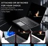 A laptop keyboard case is shown in various configurations, with text highlighting its features. Produktbild-Vorschau
