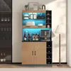 A modern kitchen buffet cabinet with LED lighting, coffee maker, wine rack, and various kitchen items. Produktbild-Vorschau