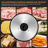 A collage of images showing various foods being sliced, with a central image of a serrated blade. Produktbild-Vorschau